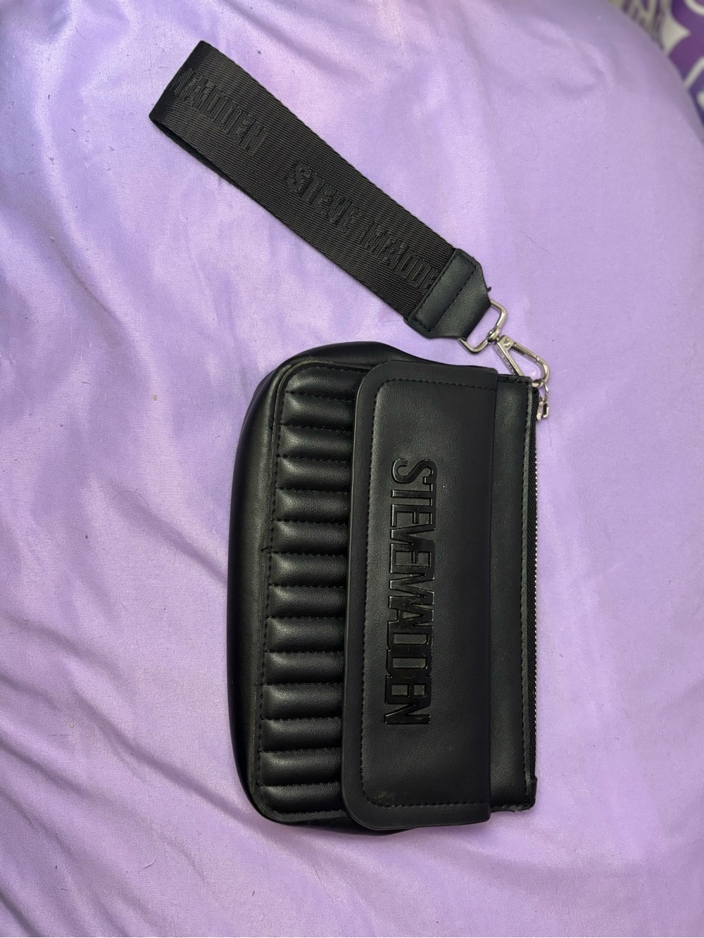 Steve Madden Black Quilted Logo Wristlet